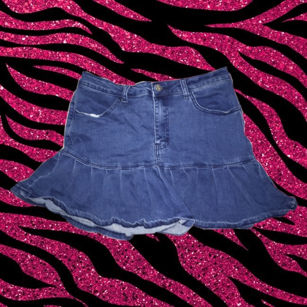 Ruffle Hem Denim Pleated Skirt